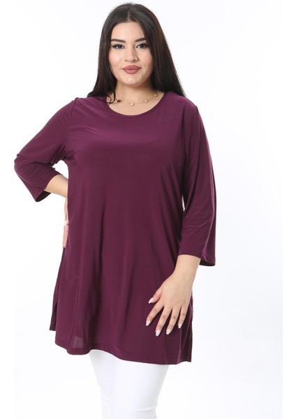 Kadın Büyük Beden Mürdüm Bisiklet Yakalı Yan Yırtmaçlı Kapri Kol Tunik 65N38352 fiyatları