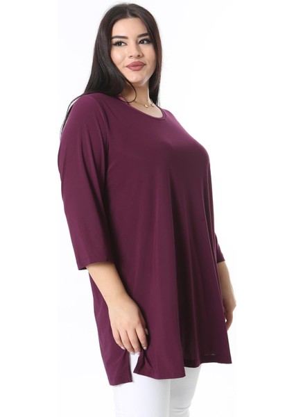Kadın Büyük Beden Mürdüm Bisiklet Yakalı Yan Yırtmaçlı Kapri Kol Tunik 65N38352 modelleri