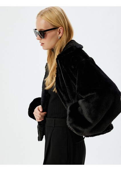 Fermuarlı Crop Oversize Bomber Peluş Ceket