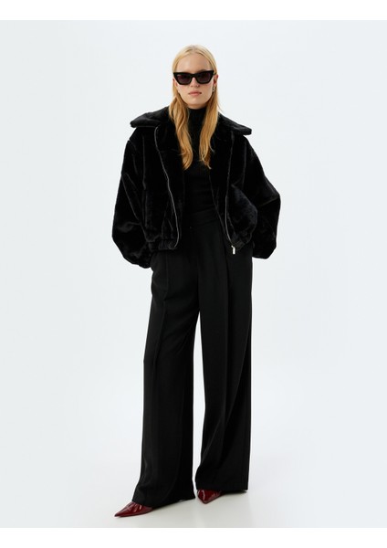 Fermuarlı Crop Oversize Bomber Peluş Ceket