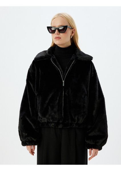 Fermuarlı Crop Oversize Bomber Peluş Ceket