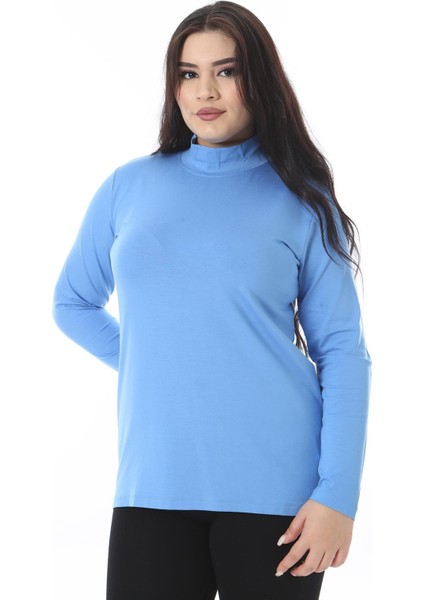 Kadın Büyük Beden Bebe Mavisi Dik Yakalı Uzun Kollu Bluz 65N38540