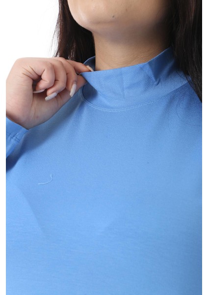Kadın Büyük Beden Bebe Mavisi Dik Yakalı Uzun Kollu Bluz 65N38540