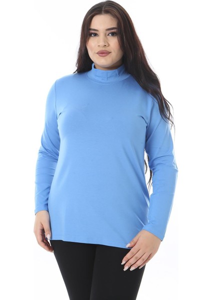 Kadın Büyük Beden Bebe Mavisi Dik Yakalı Uzun Kollu Bluz 65N38540