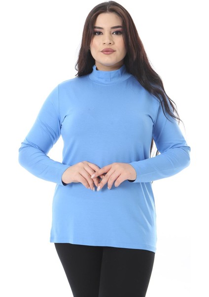 Kadın Büyük Beden Bebe Mavisi Dik Yakalı Uzun Kollu Bluz 65N38540
