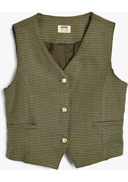 Yelek V Yaka Düğme ve Cep Detaylı Viskon Karışımlı