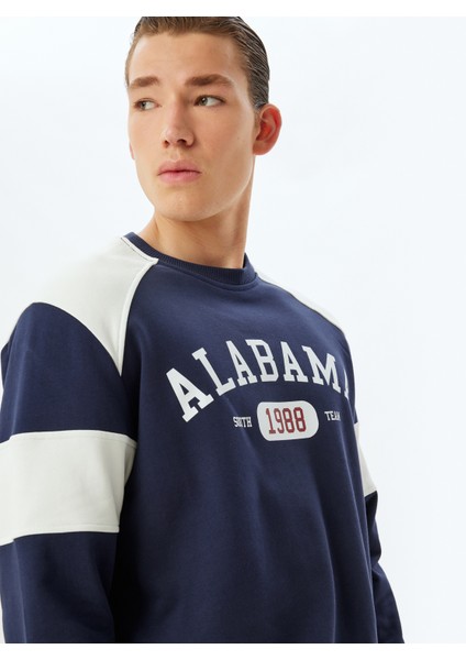 Kolej Baskılı Sweatshirt Bisiklet Yaka Renk Bloklu Pamuklu