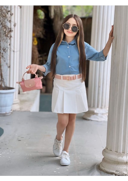 Kız Çocuk 3 Parça Şort Etek ve Kot Gömlek Takım