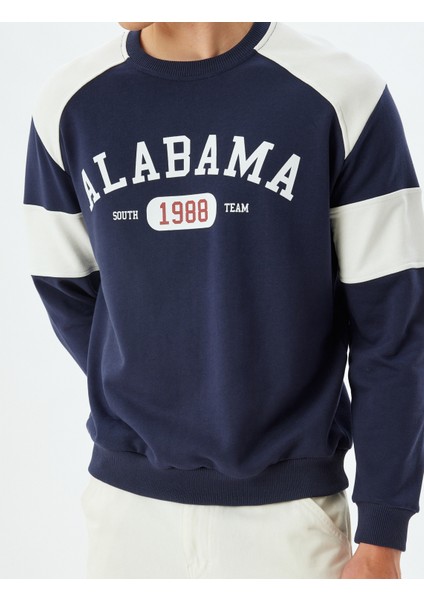 Kolej Baskılı Sweatshirt Bisiklet Yaka Renk Bloklu Pamuklu indirimleri