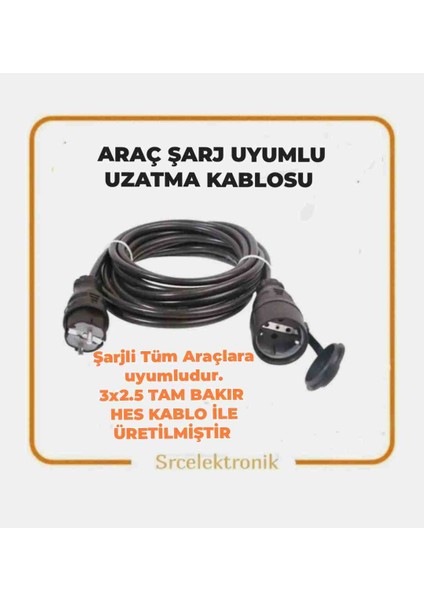 Elektrikli Araç Şarj Için 6 Metre Uzatma Kablosu 3x2.5 Tam Bakır Hes Kablolu Seyyar.