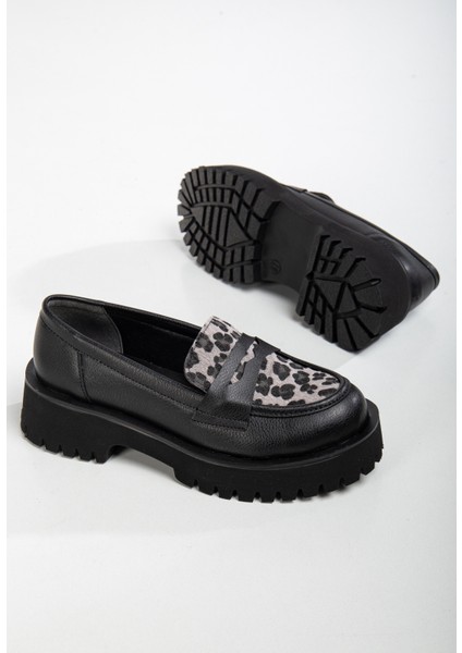 Kadın Siyah Cilt Leopar Detaylı Loafer Ayakkabı fiyatları