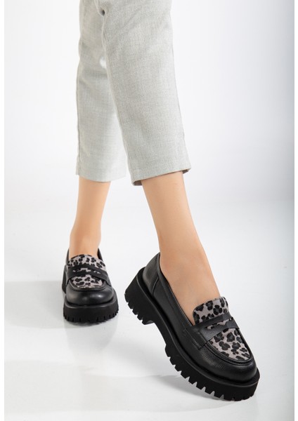 Kadın Siyah Cilt Leopar Detaylı Loafer Ayakkabı modelleri