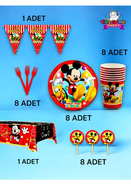 8 Kişilik Mickey Mouse Temalı Premium Set - Doğum Günü Parti ve Eğlenceli Etkinlikler