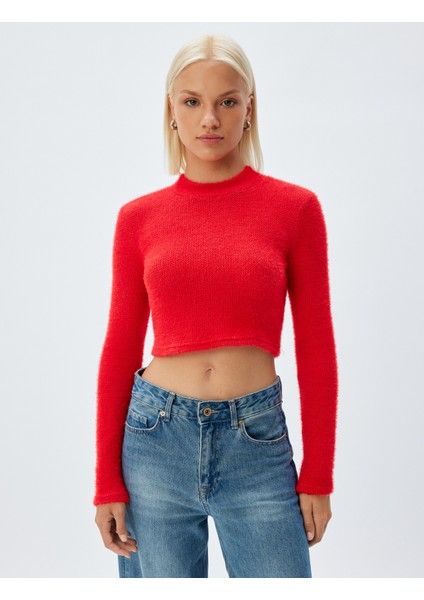 Crop Triko Kazak Uzun Kollu Yuvarlak Hafif Dik Yaka Slim Fit