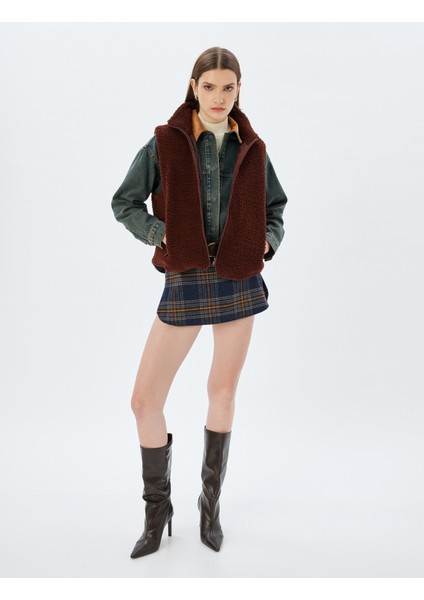 Peluş Yelek Kolsuz Fermuarlı Dik Yaka Cepli
