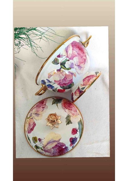 Rose Deluxe Vintage Emaye Ayaklı Kapaklı Meyve Çorba Salata Sunumluğu 22 cm Çap 2,5 Litre