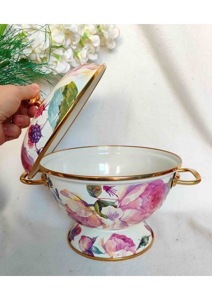 Rose Deluxe Vintage Emaye Ayaklı Kapaklı Meyve Çorba Salata Sunumluğu 22 cm Çap 2,5 Litre