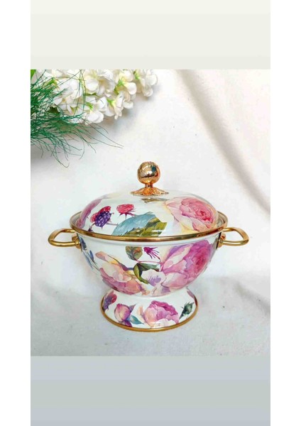 Rose Deluxe Vintage Emaye Ayaklı Kapaklı Meyve Çorba Salata Sunumluğu 22 cm Çap 2,5 Litre