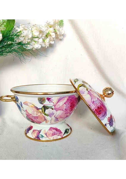 Rose Deluxe Vintage Emaye Ayaklı Kapaklı Meyve Çorba Salata Sunumluğu 22 cm Çap 2,5 Litre