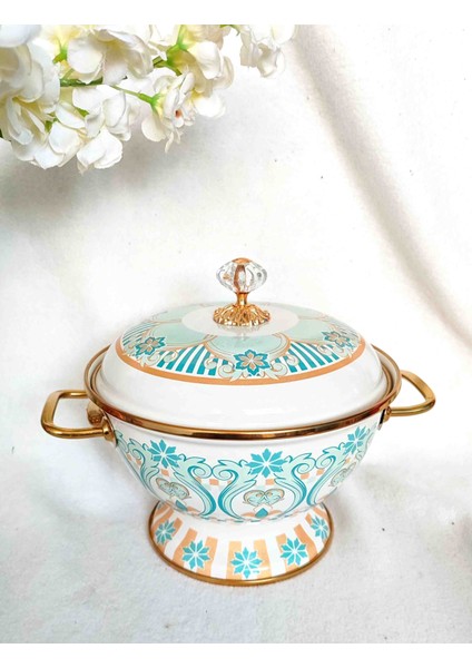 Turkuaz Kordon Emaye Ayaklı Kapaklı Yemek Salata Meyve Tatlı Sunumluğu 2, 5 Litre 22 cm Çap