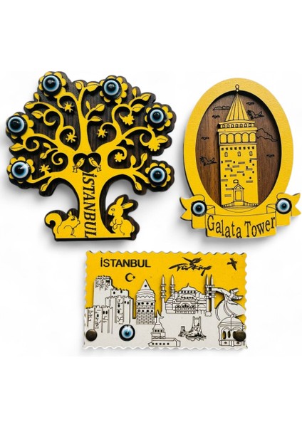 Magnet, Buzdolabı Magneti, 3 Adet Ahşap Magnet Seti Mutfak Süsü, Ev Dekor Istanbul Temalı Galata