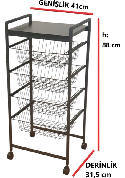 DEKORATİF TEKERLEKLİ METAL SEBZELİK 4 RAFLI TEL SEPETLİ ÇOK AMAÇLI STAND