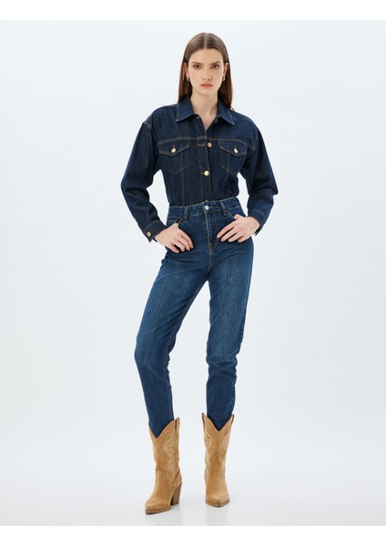 Yüksek Bel Kot Pantolon Düz Paça Düğmeli Cepli Pamuklu - Slim Straight Fit Jeans