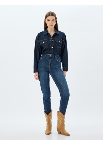 Yüksek Bel Kot Pantolon Düz Paça Düğmeli Cepli Pamuklu - Slim Straight Fit Jeans fiyatları