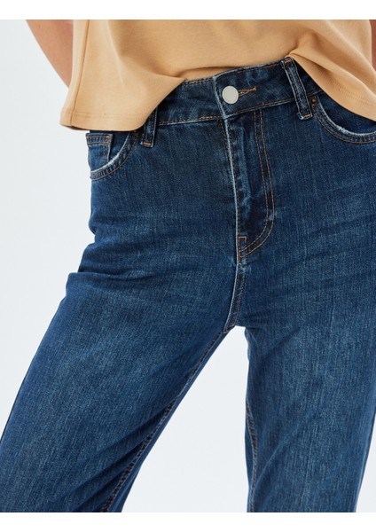 Yüksek Bel Kot Pantolon Düz Paça Düğmeli Cepli Pamuklu - Slim Straight Fit Jeans indirimleri