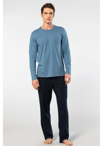 Erkek Bisiklet Yaka Uzun Kollu Modal Pijama Takımı 2244/İNDIGO