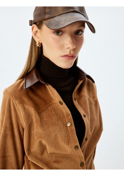 Suni Deri Yaka Fitilli Kadife Çıtçıt Düğmeli Gömlek