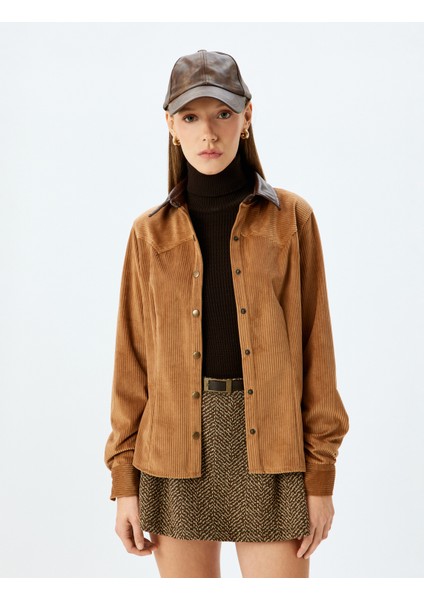 Suni Deri Yaka Fitilli Kadife Çıtçıt Düğmeli Gömlek modelleri