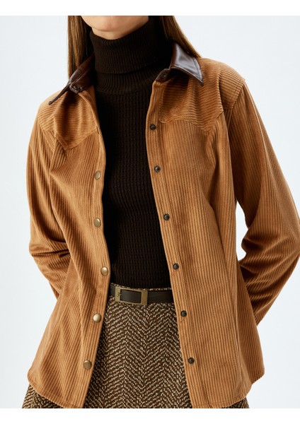 Suni Deri Yaka Fitilli Kadife Çıtçıt Düğmeli Gömlek indirimleri