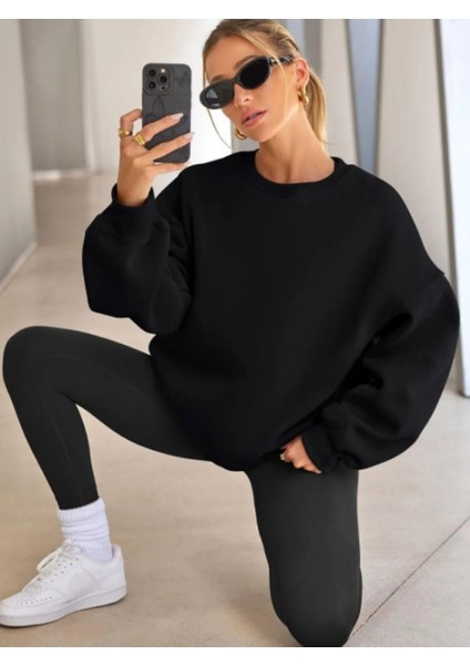 Kadın Bisiklet Yaka Basic Oversize Sweatshirt Siyah