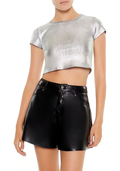 F21 Glitter Desenli Crop Tişört