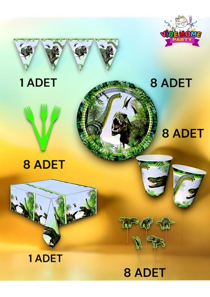 8 Kişilik Jurassic Temalı Premium Set - Doğum Günü Parti ve Eğlenceli Etkinlikler