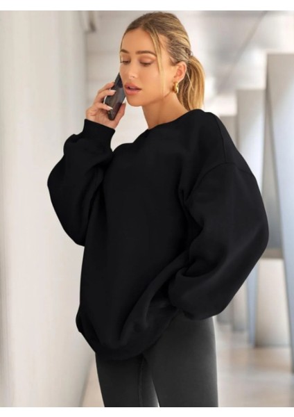 Kadın Bisiklet Yaka Basic Oversize Sweatshirt Siyah fiyatları