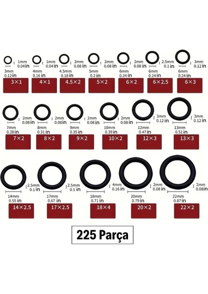 Buffer 225 Parça Kauçuk Conta Seti Kendiliğinden Saklama Kutulu O Halkası Seti