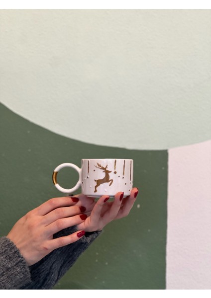 Altera Seramik El Yapımı Yılbaşı Geyik Desenli Yaldızlı Kupa Yeni Yıl Temalı Bardak Mug