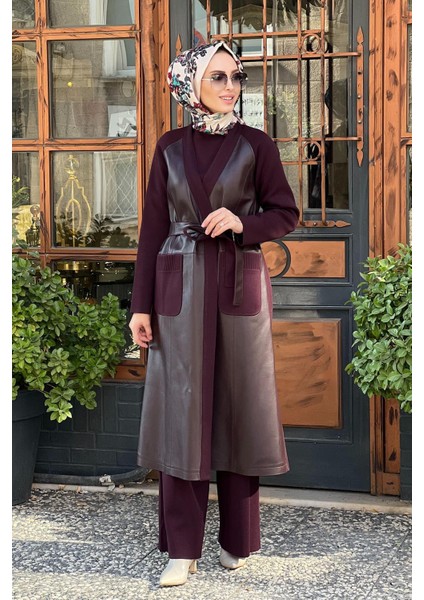 Önü Deri Kuşaklı Uzun Ceket T25K-8011 Bordo
