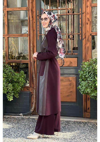 Önü Deri Kuşaklı Uzun Ceket T25K-8011 Bordo
