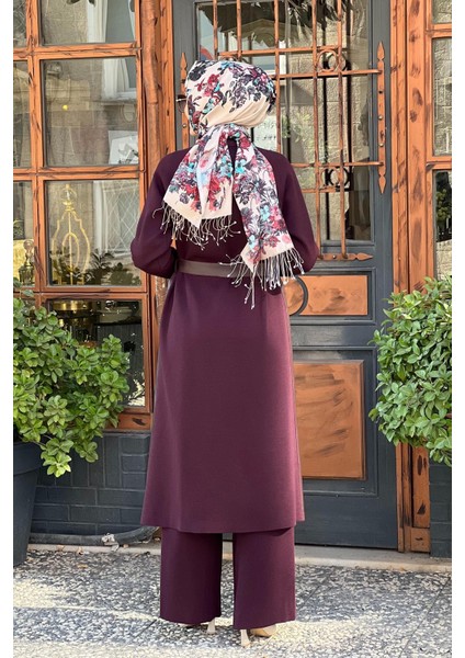 Önü Deri Kuşaklı Uzun Ceket T25K-8011 Bordo