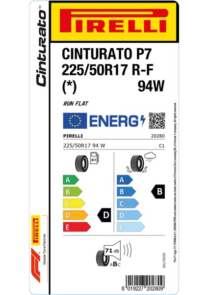 225/50R17 94W Rft Cinturato P7 * D-B-71 Yaz Oto Lastiği (Üretim Yılı: 2023)