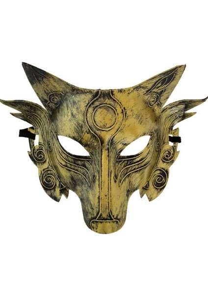 Eskitme Altın Renk Tam Yüz Arkadan Lastikli Kurt Şeklinde Halloween Maskesi