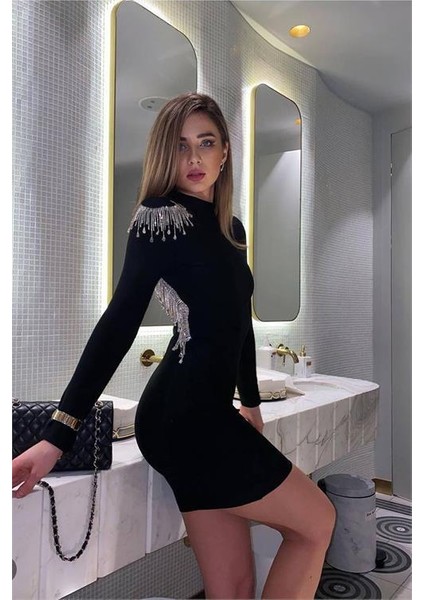 Kadın Sırtı ve Omuzu Taş Işlemeli Tasarım Mini Elbise DPNBEMP2563 fiyatları