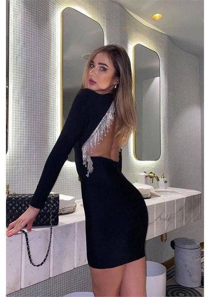 Kadın Sırtı ve Omuzu Taş Işlemeli Tasarım Mini Elbise DPNBEMP2563