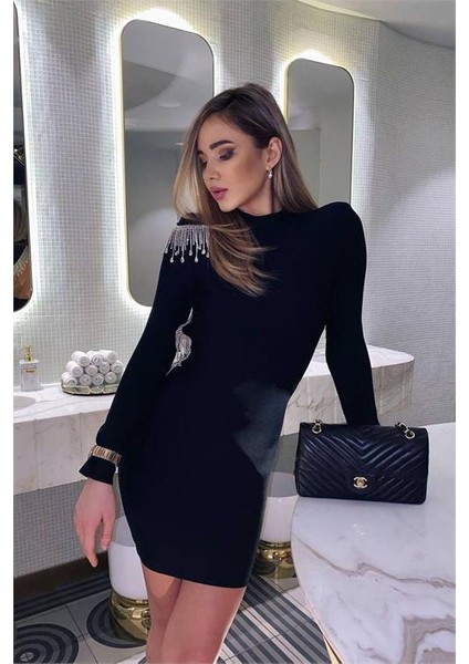 Kadın Sırtı ve Omuzu Taş Işlemeli Tasarım Mini Elbise DPNBEMP2563 fırsatları