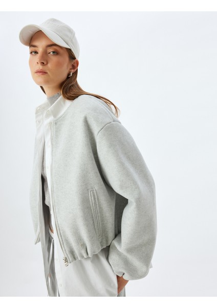 Crop Bomber Ceket Yumuşak Dokulu Yuvarlak Yaka Cepli Astarlı