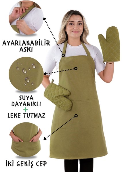 Simple 3'lü Set Ayar Askılı Cepli Mutfak Önlüğü Seti (2 Eldiven) Şef Garson Kafe Aşçı Barista