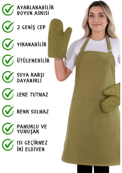 Simple 3'lü Set Ayar Askılı Cepli Mutfak Önlüğü Seti (2 Eldiven) Şef Garson Kafe Aşçı Barista